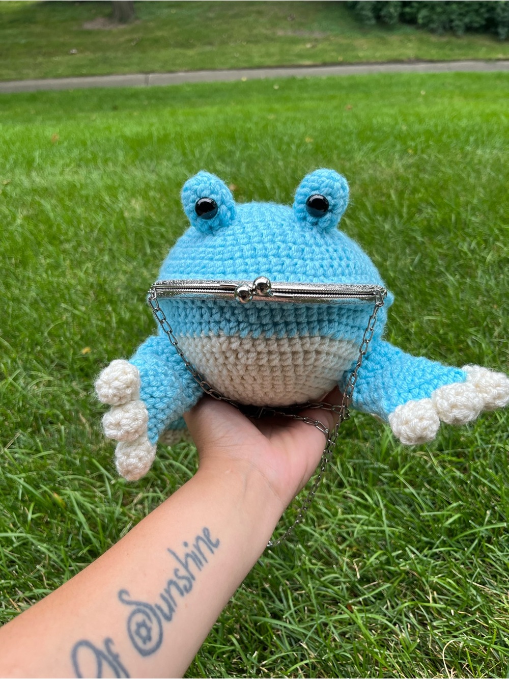 Handmade Crochet Blue Frog Crossbody Purse
